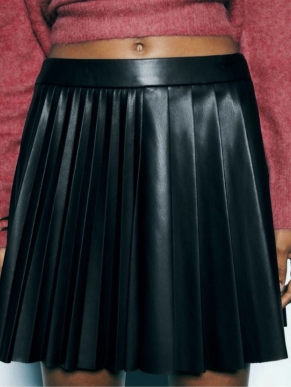 Zara Black Pleated Faux Leather Skater Skirt